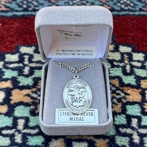 St. Michael Sterling Silver Air Force Oval Religious Medal Necklace 24” Chain